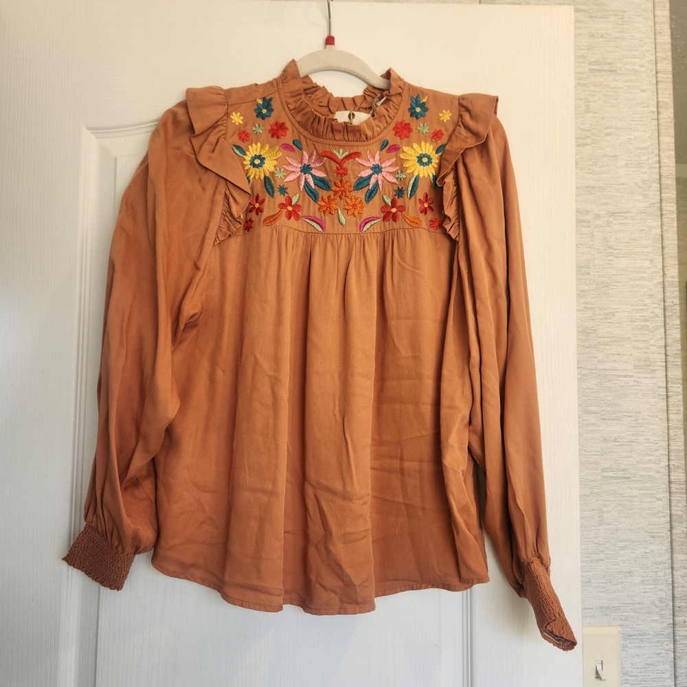 easel Embroidered Ruffle Yoke Blouse S Euc